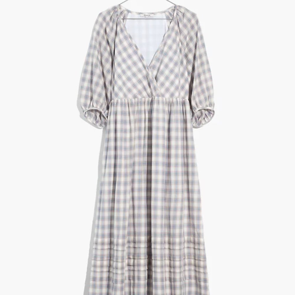 Madewell Marianna Puff-Sleeve Midi Dress in lavender Plaid XS nwt